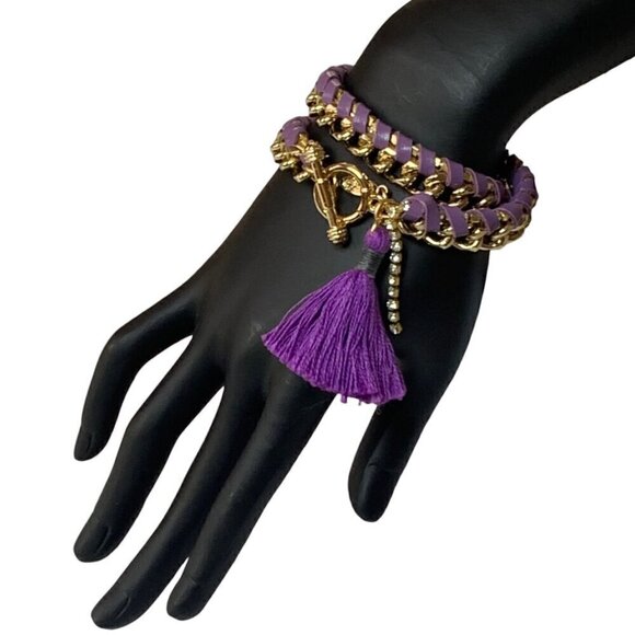 Rebecca Minkoff for Ettika Double Wrap Gold Chain Purple Leather Bracelet - Picture 8 of 9